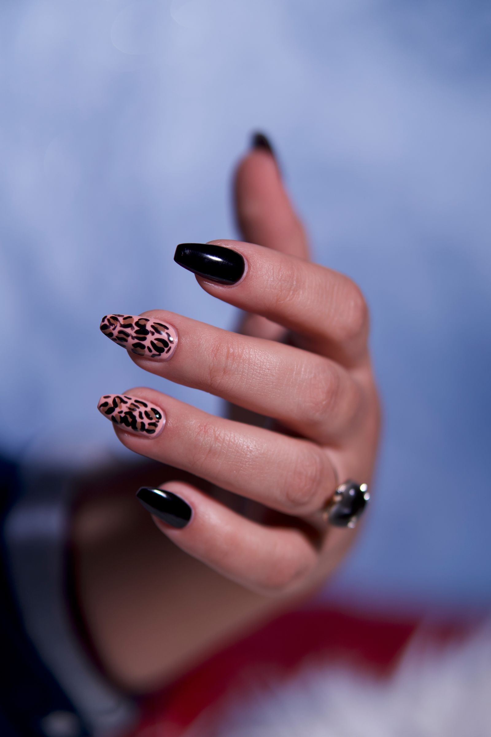 Fine-line nail art: Close-up of a hand with black and leopard print nail art, showcasing elegant fashion style.