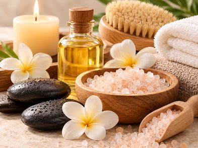 Candle, oils, sea salt and river stones on a wooden tray