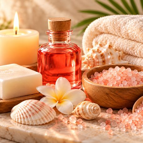 Rose oil, soap and pink salt ready for a hand ritual