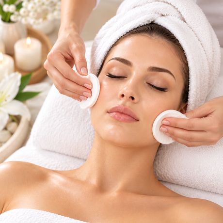 Cotton pad cleanse at the start of a facial