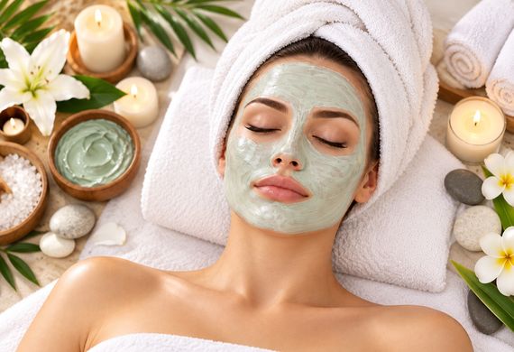 Clay mask facial: Client relaxing in a green clay mask