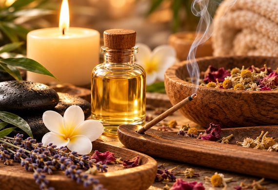 Candles and botanicals: Dried botanicals, amber oil and a lit candle