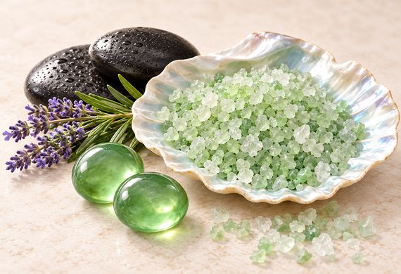 Salts and stones: Green salts, lavender and river stones