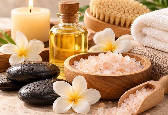 Treatment tray: Oils, candle and sea salt on the treatment tray